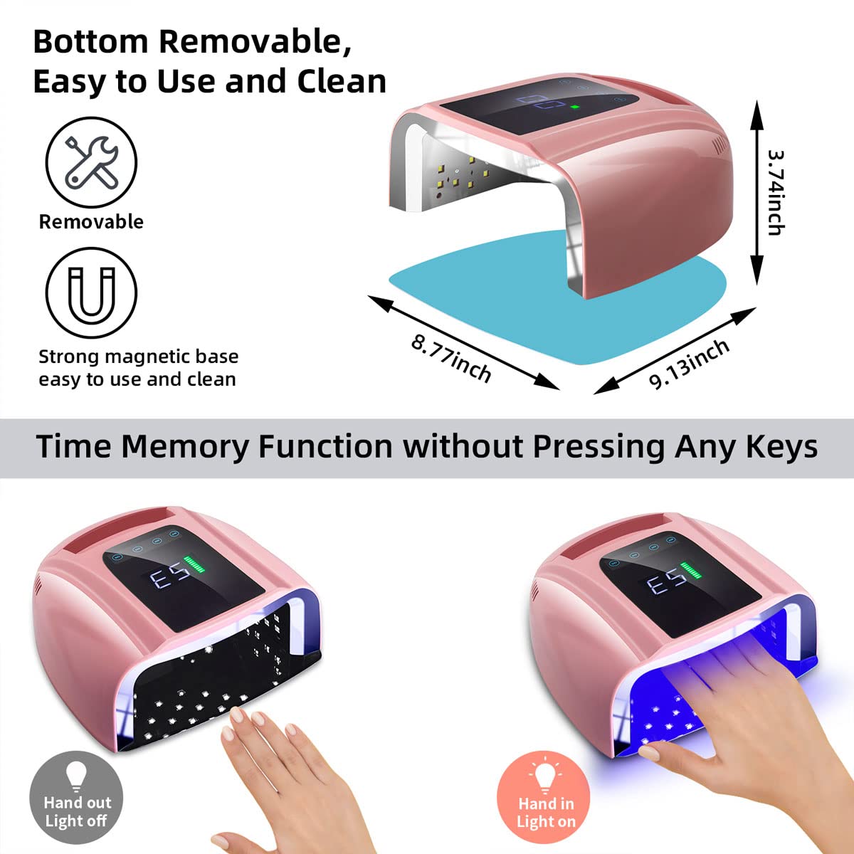 SUNYDOO 96W Rechargeable UV LED Nail lamp,Cordless Nail Dryer with Removable Stainless Steel Bottom,Professional Curing Lamp for Fingernail and Toenail, Auto Sensor & Quick Dry Nail Machine (Pink)