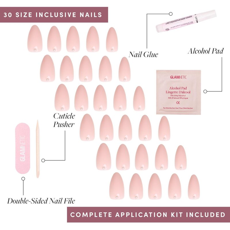 Glamnetic Press On Nails - Wifey | Short Almond Fake Nails, Nude with 3D Nail Art and Glossy Finish, Salon Quality | 15 Sizes - 30 Nail Kit with Glue