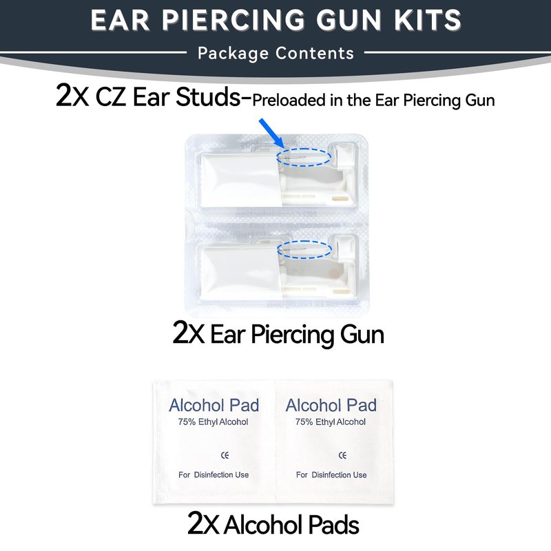 DIEWEISIMI Ear Piercing Kit - 8 Pack Disposable Ear Piercing Gun Kit with CZ Earring Studs, at Home Self Ear Piercing Gun Kit - 5MM Silver Earrings Stud