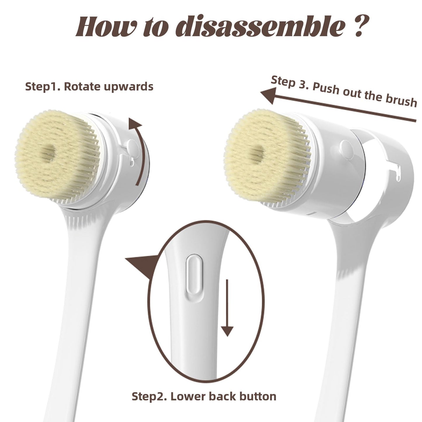 Electric Body Brush, 3 Speed Silicone Body Scrubber with LCD Display, 5in1 Back Scrubber for Shower, Waterproof Rotating Body Brushes, Rechargeable Bath Brush for Clean Exfoliate Massage (White)
