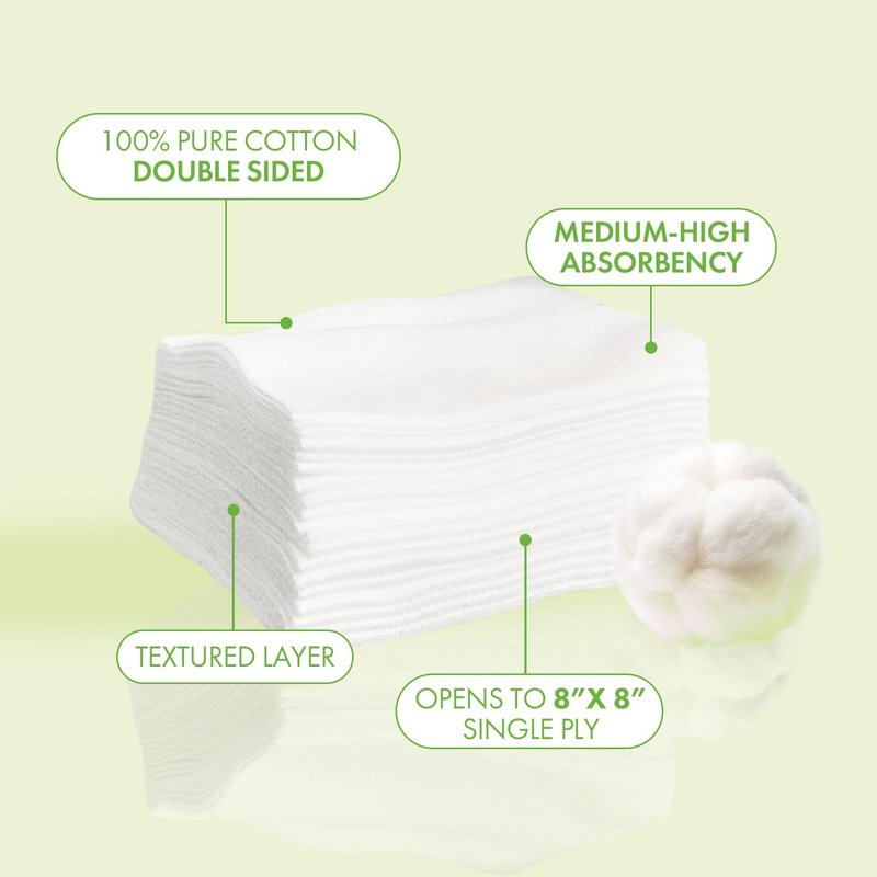 Intrinsics Large 4x4 Cotton Squares (200 Count) | 4-Ply Cotton Pads for Face & Makeup Removal | Lint-Free Facial Cleansing Pads & Face Pads for Toner | Hypoallergenic and 100% Pure Cotton