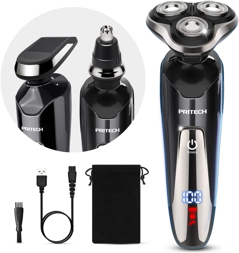 Electric Razor for Men - Waterproof Rechargeable Shaver | Cordless Wet/Dry with Nose & Sideburn Trimmer