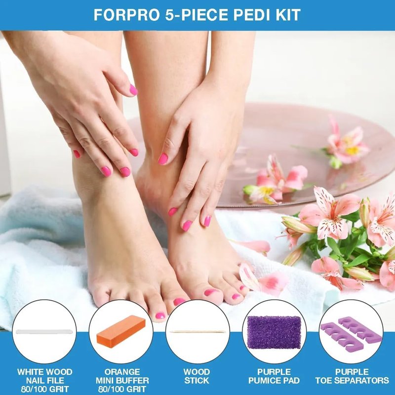 ForPro 5-Piece Pedicure Kit - Complete Set with Purple Pumice Pad, Wood Nail File & Toe Separators
