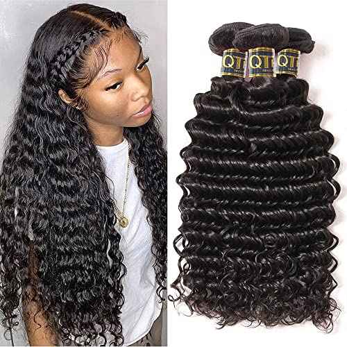QTHAIR Brazilian Deep Wave Human Hair Bundles 16A Grade Brazilian Virgin Human Hair 10 1214 Inch 100% Virgin Unprocessed Deep Wave Bundles 300g Total Natural Black #1B