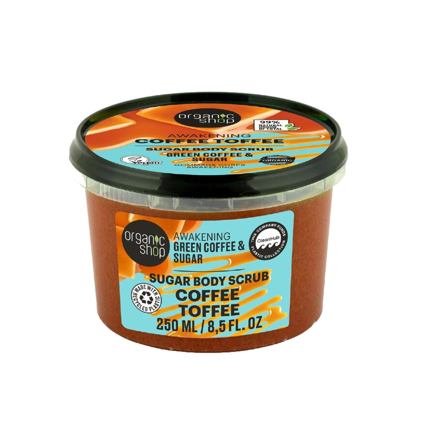 Organic Shop Green Coffee & Sugar Body Scrub, Awakening Coffee Toffee Exfoliating Sugar Scrub, 99% Natural Origin, COSMOS Natural, Organic & Vegan Body Exfoliator, Made in Europe