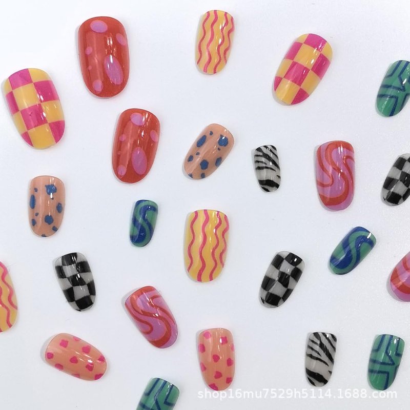 Dopamine Colorful Press on Nails Short CEWEWP Almond Fake Nails with Checkered Striped Design Cute Geometric Irregularity Acrylic Stick on Nails Summer Glossy Full Cover Glue on Nails for Women 24Pcs