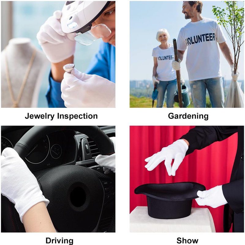 4 Pairs White Gloves, Breathable Cotton Gloves for Dry Hands Sleeping, Washable Eczema Moisturizing Glove Overnight for Women Men, Christmas Wedding Costume Work Glove for Serving Inspection