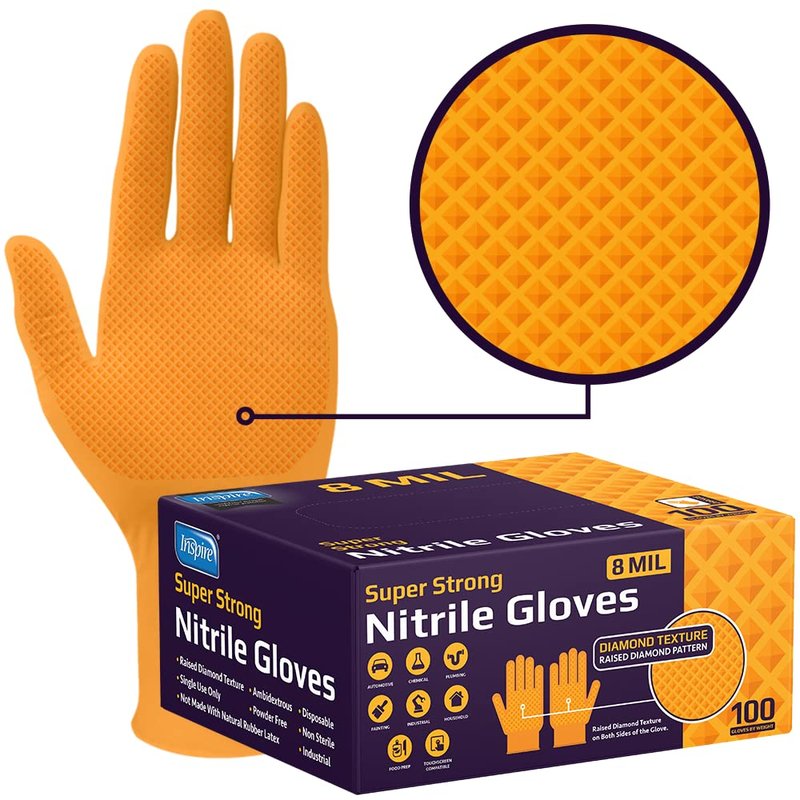 Inspire Heavy Duty Orange Nitrile Gloves Disposable Latex Free | ULTRA 8 Mil Diamond Textured Grip Disposable Cleaning Gloves | Industrial Mechanic Food Large, 100 Count