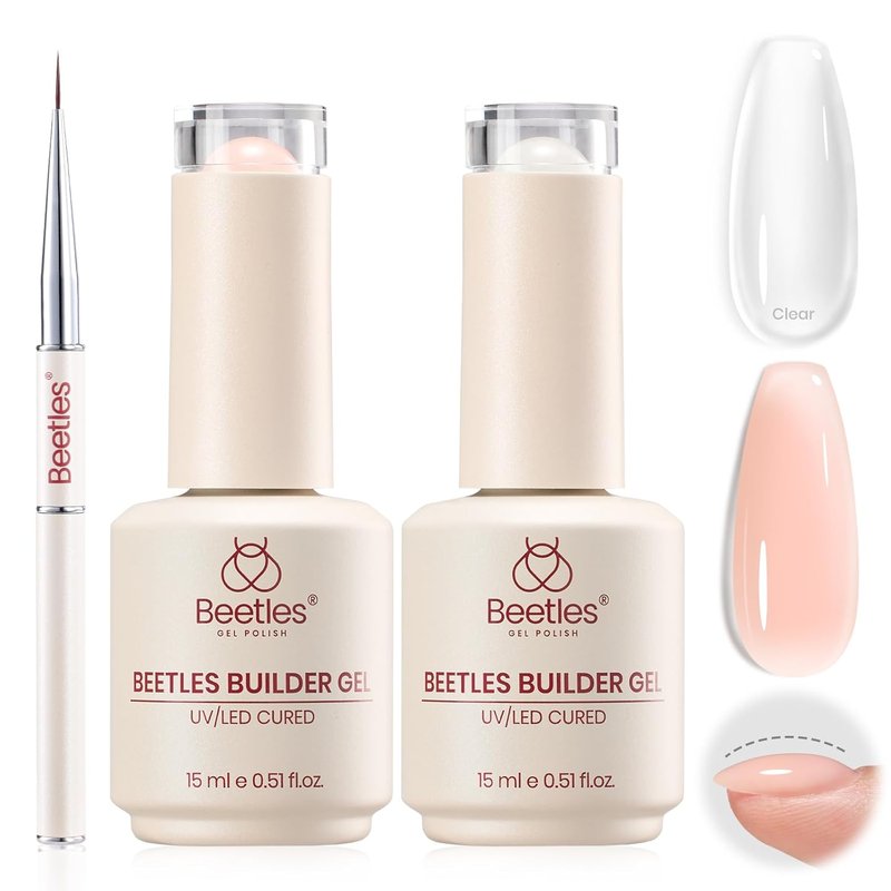 Beetles Builder Gel Nail Kit - 8-in-1 Thickening & Strengthening Gel | UV Clear & Jelly Nude for DIY Home Salon