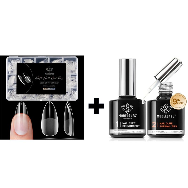 Fake Nail Tips - 510 Pcs Almond Shape Medium Clear | 15 Sizes with 9-in-1 Gel Nail Glue & Prep Dehydrator