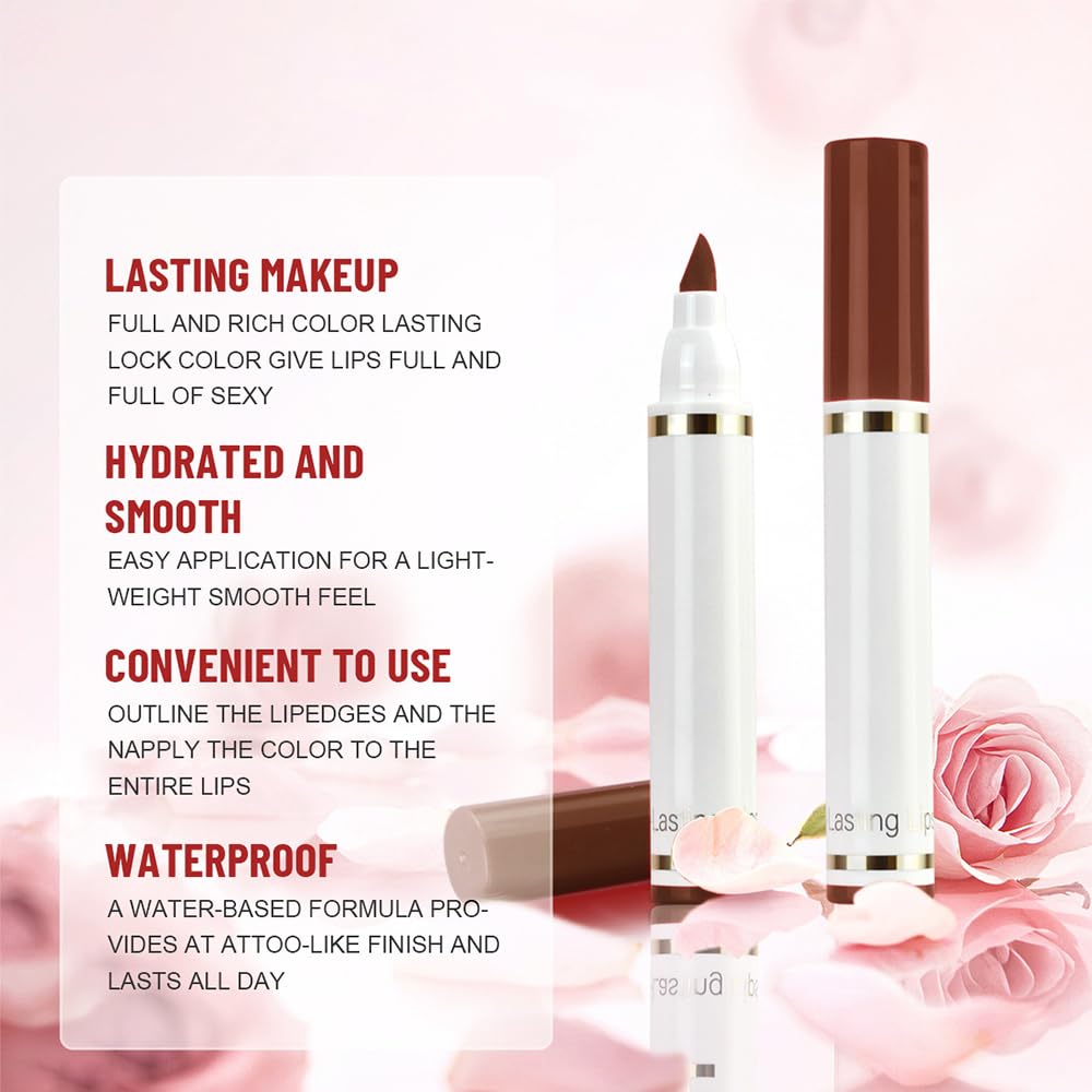 Warm Brown Dual-Tip Liquid Lip Liner Pen - Flat End for Full Coverage & Pointed Tip for Precise Lining, Long-Lasting Waterproof Matte Lipstick, Makeup Tool for Full Coverage and Defined Lip Lines 02#
