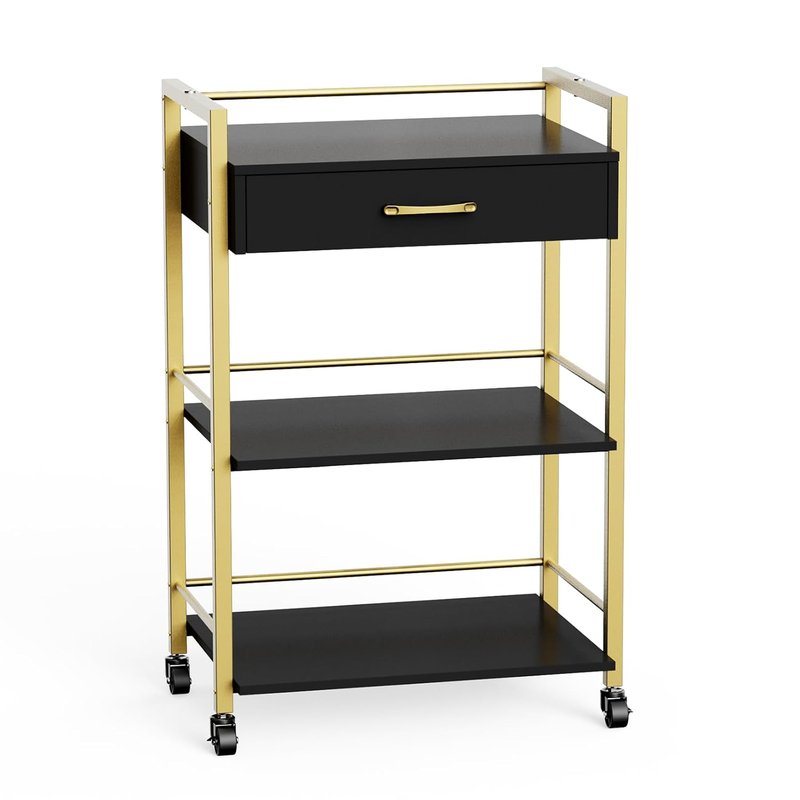 Salon Trolley Cart - Wooden Rolling Storage Station for Beauty & Spa | Mobile Utility Cabinet with 1 Drawer & 2 Trays - Black Gold