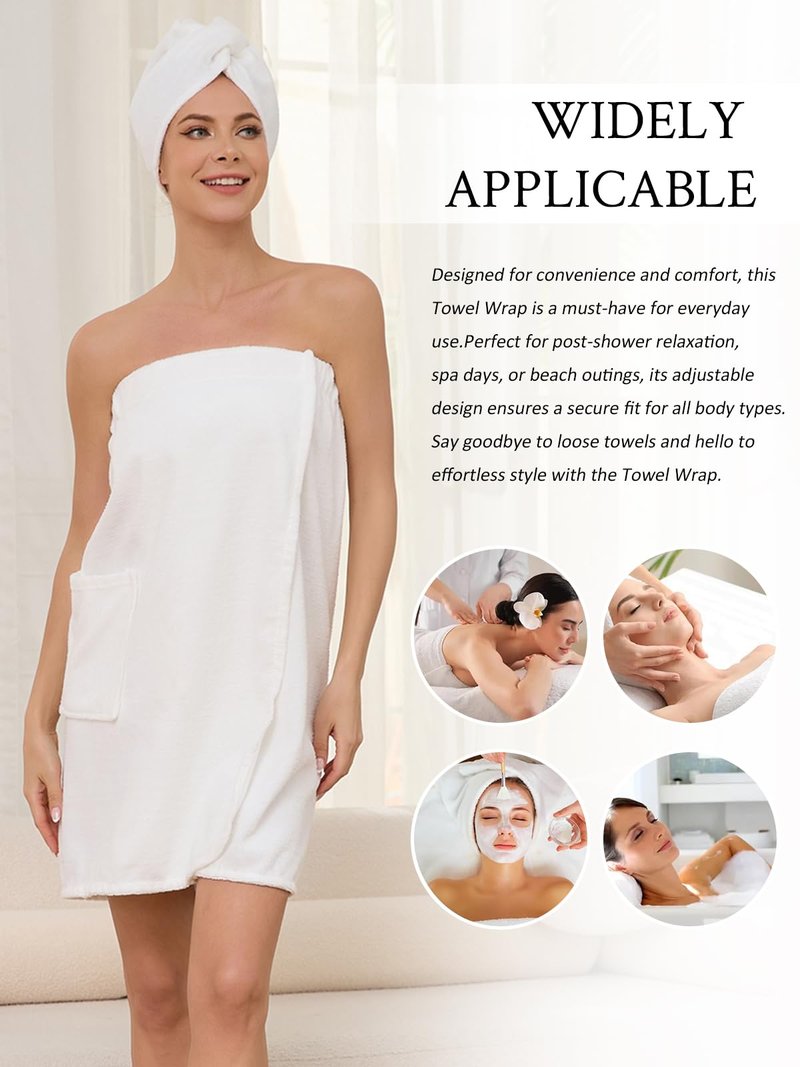 Air Curvey Soft Wrap Towel for Women Lightweight Spa Body Wrap Shower Wrap Robe Adjustable Closure Bathrobe with Pocket White L