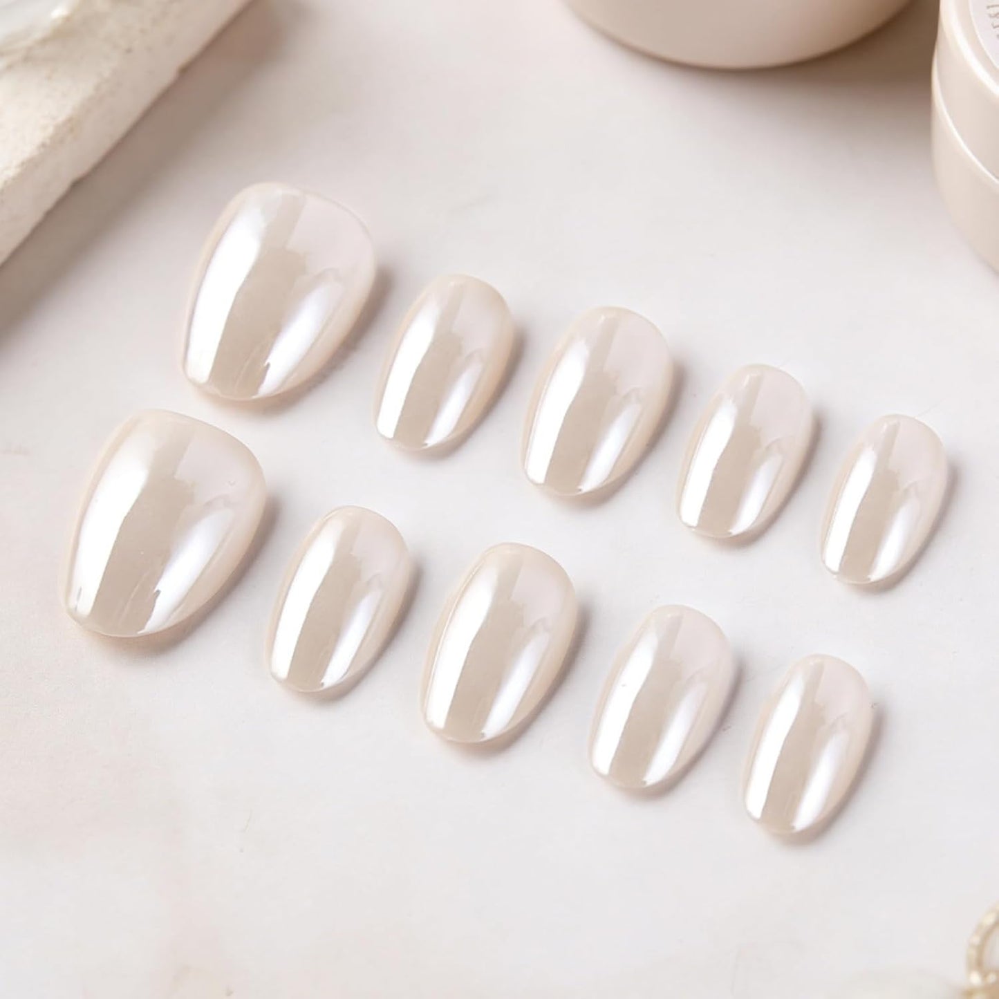Skiennix Short Oval Press-On Nails | Nude White Shimmer Pearl Finish | 32 Pcs Full Cover Set