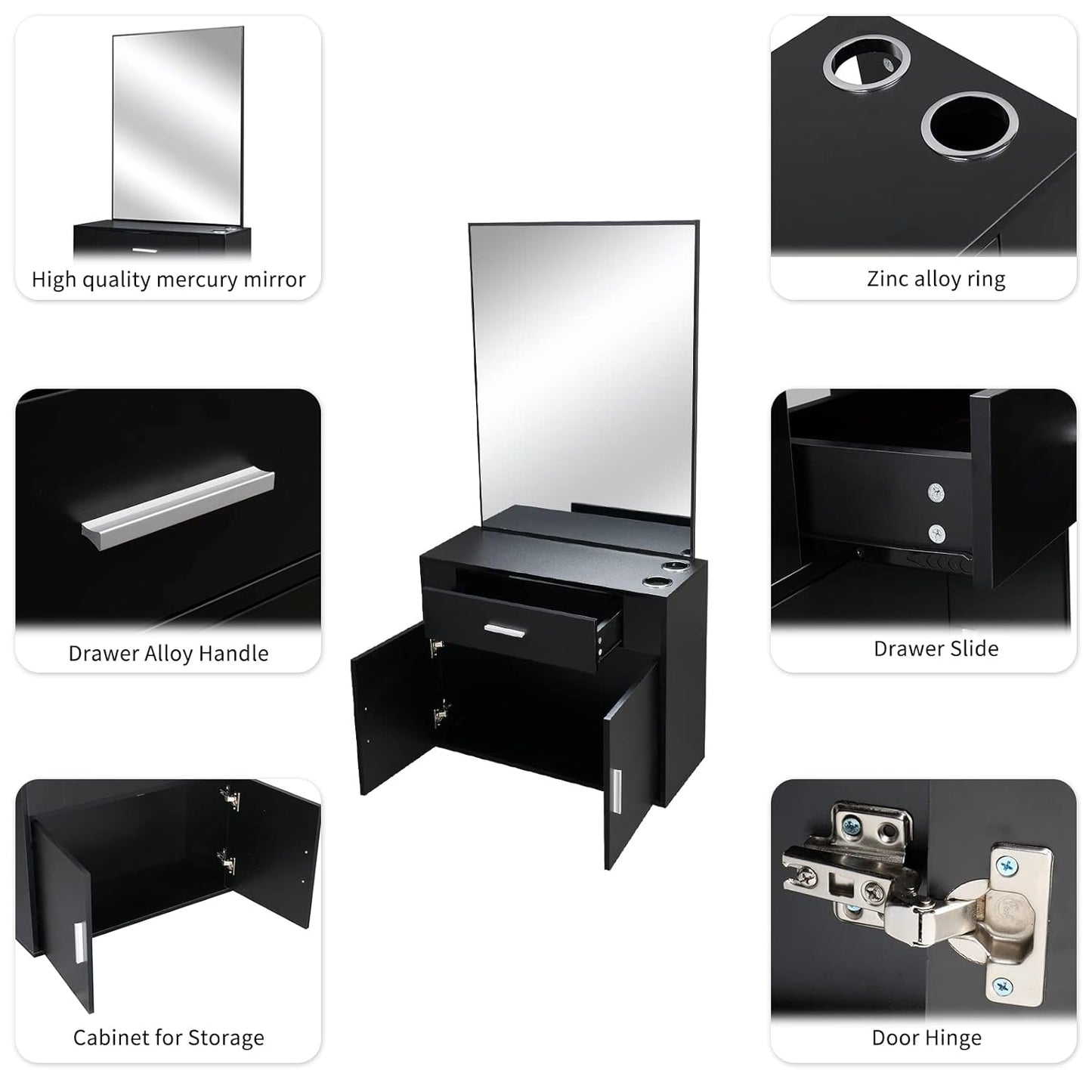 Wall Mount Salon Station - Stylish Barber Station with Mirror, Storage Cabinet & 2 Hair Dryer Holders | Black