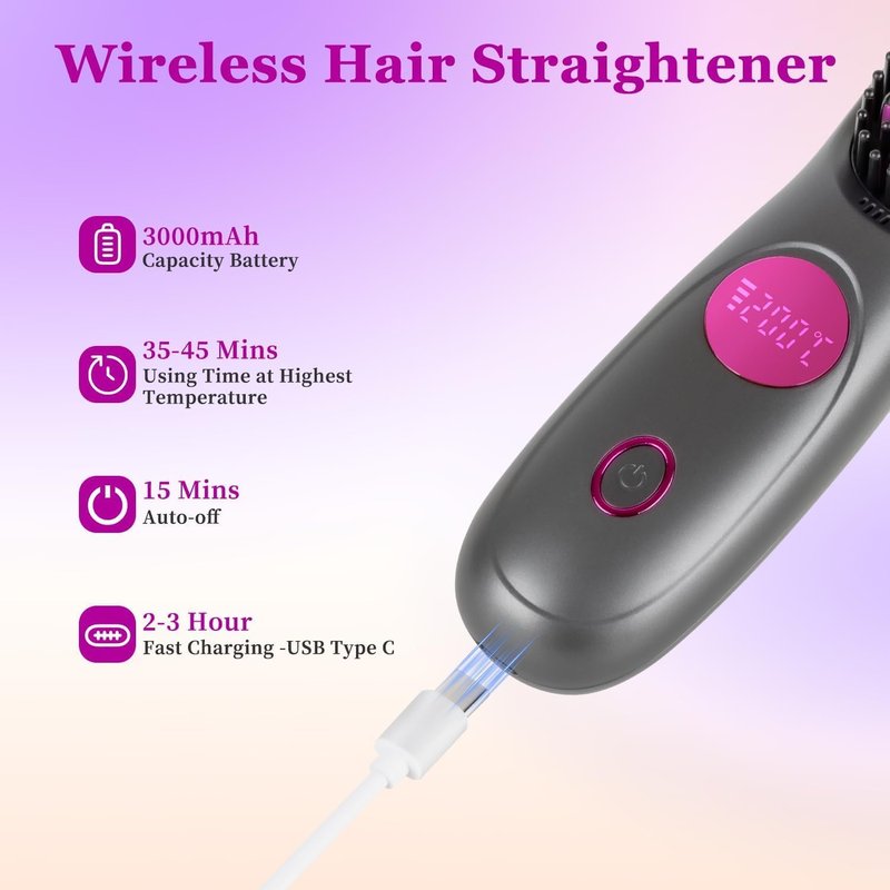 Go Brush Pro,2026 New Cordless Straight Hair Brush, Portable Scald-Proof mini Straight Hair Comb with Three Temperature Settings and LED Display Screen, Quickly Heating Travel Hair Brush (Dark Pink)
