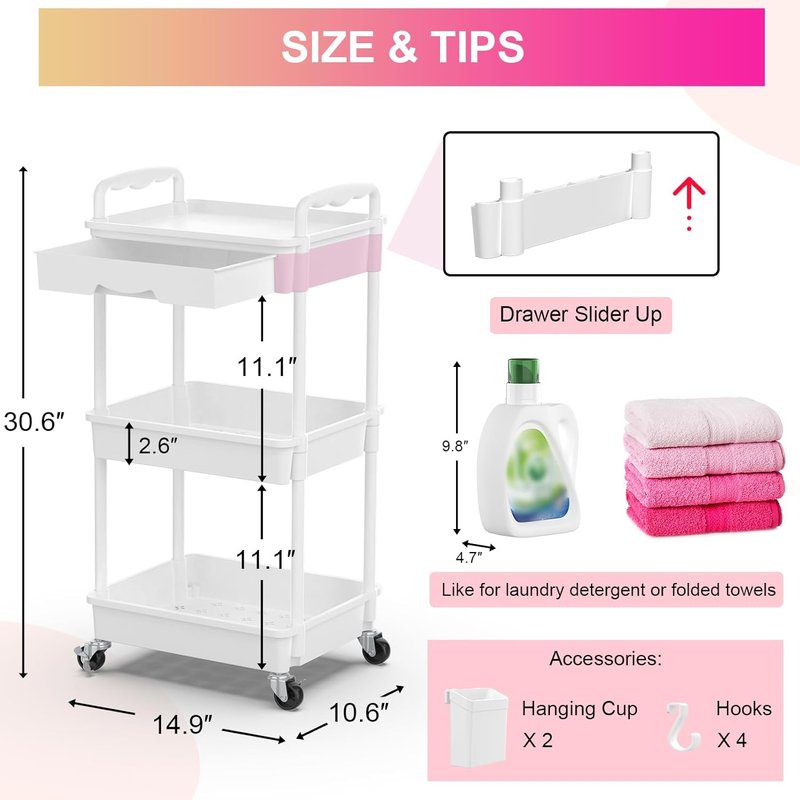 Goovilla 3-Tier Rolling Utility Cart - Sturdy White Organizer with Removable Drawer & Lockable Wheels