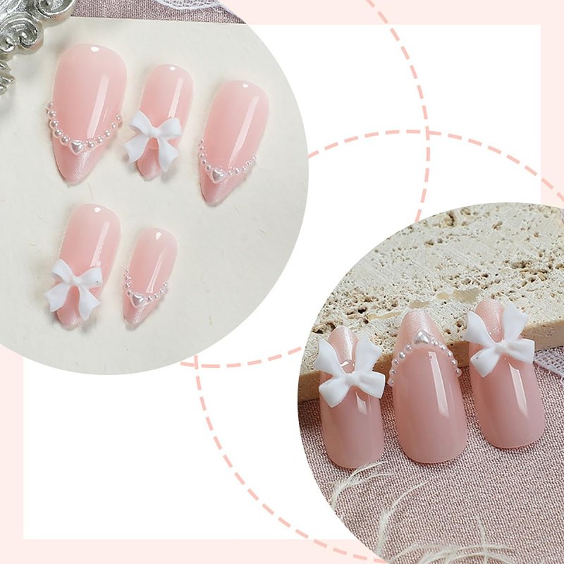 24Pcs Medium Almond Press on Nails French Tip Fake Nails 3D White Bow with Pearl Design Nude Pink Full Cover Glue on Nails Cute False Nails Artificial Acrylic Stick on Nails for Women Manicure Salon