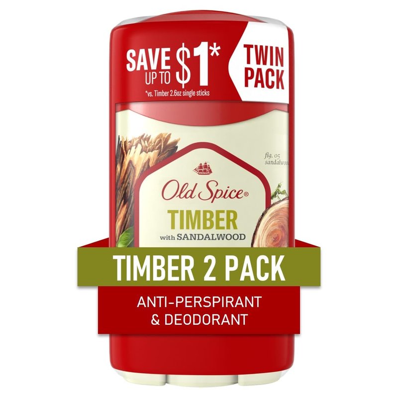 Old Spice Antiperspirant and Deodorant for men, 24/7 Sweat and Odor Protection, Timber with Sandalwood Scent, Invisible Solid Stick, Twin Pack, 2 x 2.6oz