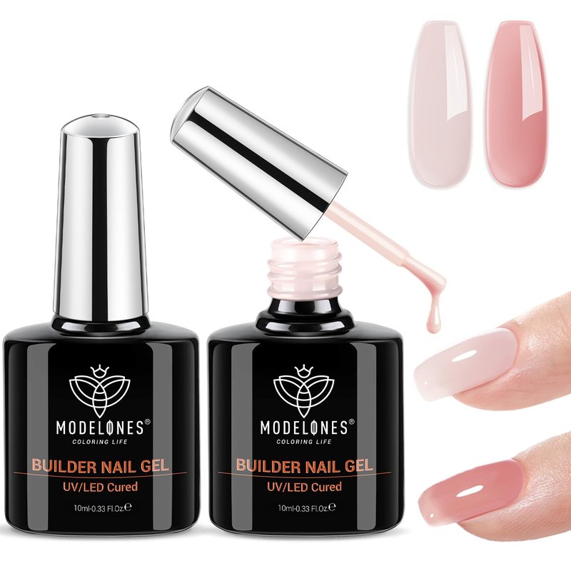 Modelones Base Coat Builder Nail Gel - 2 Pcs Cover Nude & Rose Pink | 8-in-One Rubber Color Base Polish, 10 ml