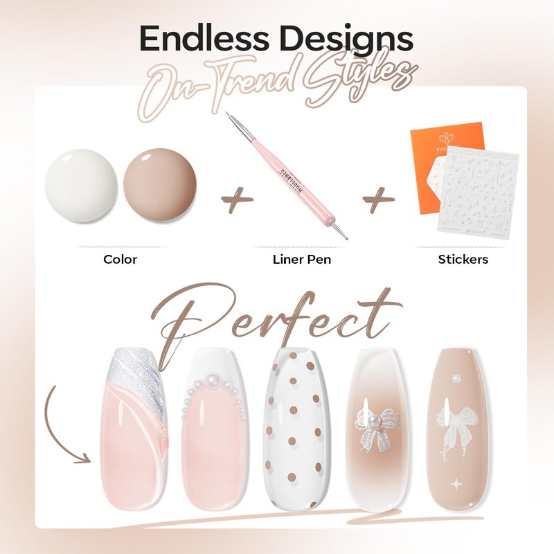 modelones Gel Nail Polish, 6 Colors Milky White Nude Beige Jelly Shimmer Gel Polish Set with Stickers & Liner Brush for DIY French Nails Polka Dot Nails Soak Off Nail Art Kit Manicure Salon