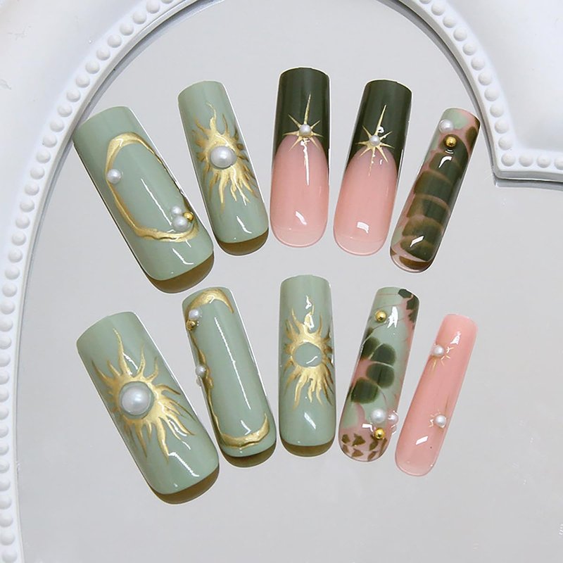 Green French Tip Press On Nails Long Coffin - Gilding Sunburst Fake Nails with Pearl & Gold Bead Accents, 24 Pcs Reusable Glossy Glue on Nails for Women Manicure Art Decorations