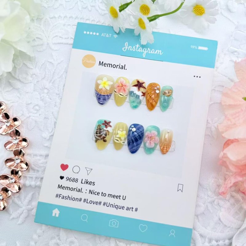 24Pcs 3D Tropical Beach Press on Nails - Summer Ocean Fake Nails with Turtle Starfish Shell Floral Design, Almond Shape Reusable Glue on Nails for Women Vacation Beach Party Nail Art Decorations