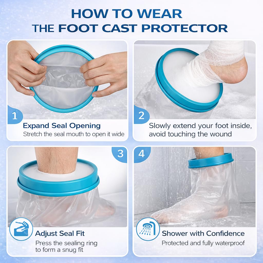 Waterproof Foot Cast Cover for Shower, Reusable Ankle Cast Protector for Adults, Watertight Shower Boot After Surgery, Foot Wound Bandage Dressing Guard, Latex-Free Medical Grade [2026 Upgrade]
