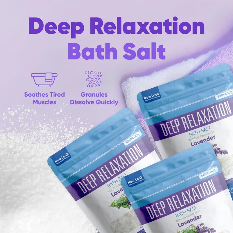 Deep Relaxation Bath Salt (3 Pack Plus Scoop) Relaxing Bath Soak with Pure Lavender Essential Oil in BPA Free Pouch with Press Lock Seal Made in USA 3 Pack of 2 Lbs 6 Lbs Total