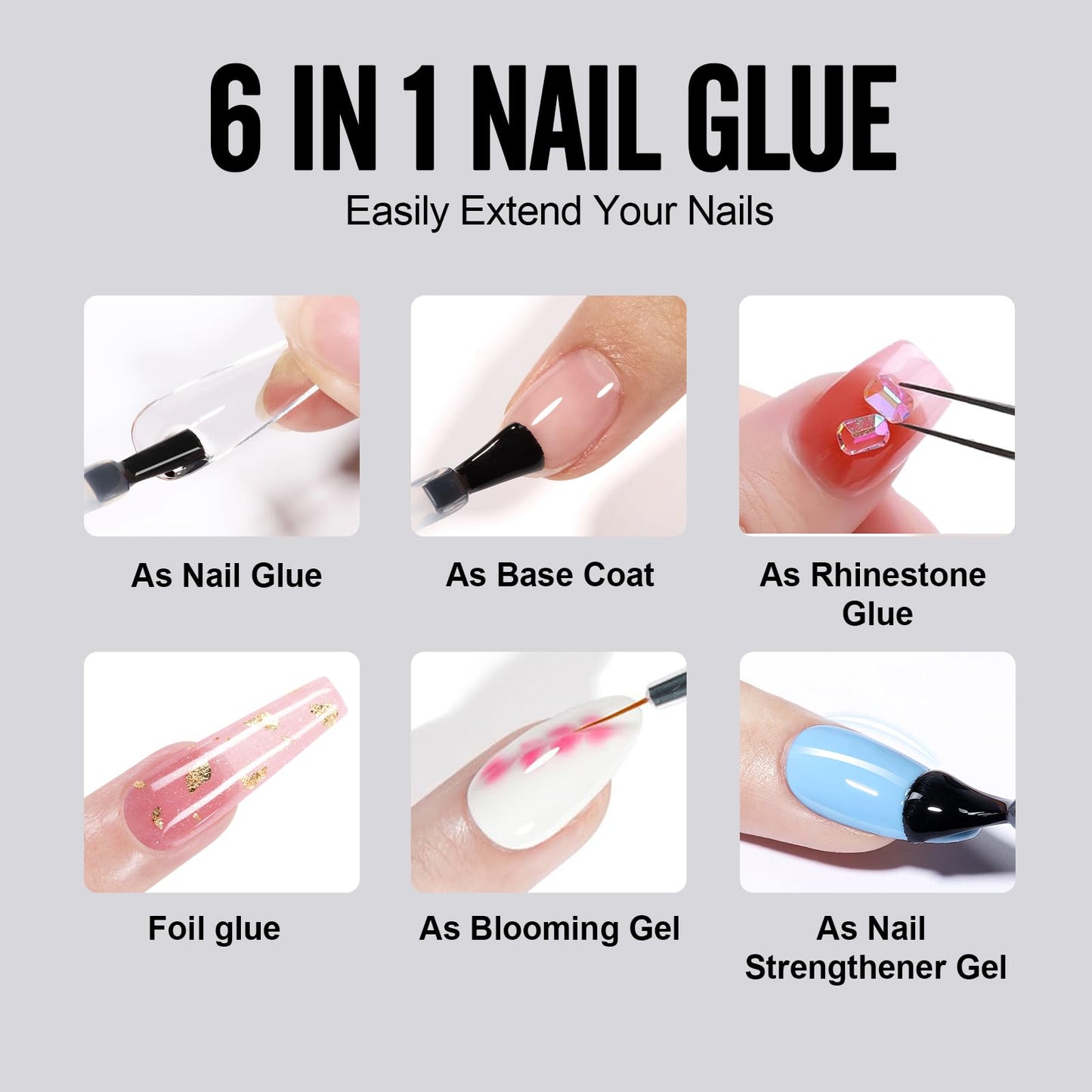 TOMICCA 6 in 1 Brush On Nail Glue for Press Ons 8ml Strong Gel Nail Glue for Nail Tips Lamp Curing Needed UV, DIY Home Salon Use