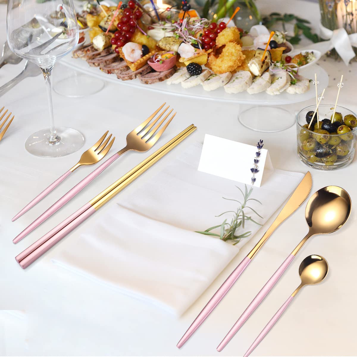 AARAINBOW 8 Pieces Stainless Steel Flatware Set Portable Reusable Cutlery Set Travel Utensils Set Including Chopsticks Knife Fork Spoon Straws Cleaning Brush Dishwasher Safe (Pink Golden)
