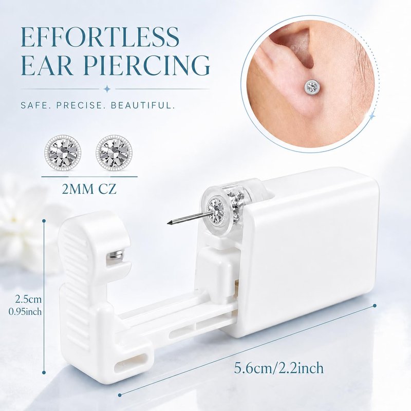 Anzero Ear Piercing Kit Disposable Ear Cartilage Piercing Gun Kit with Sterile CZ Studs, Painless Piercing Gun for Home Self-Use, Easy & Safe Piercing for Women, Men & Girls - 2MM