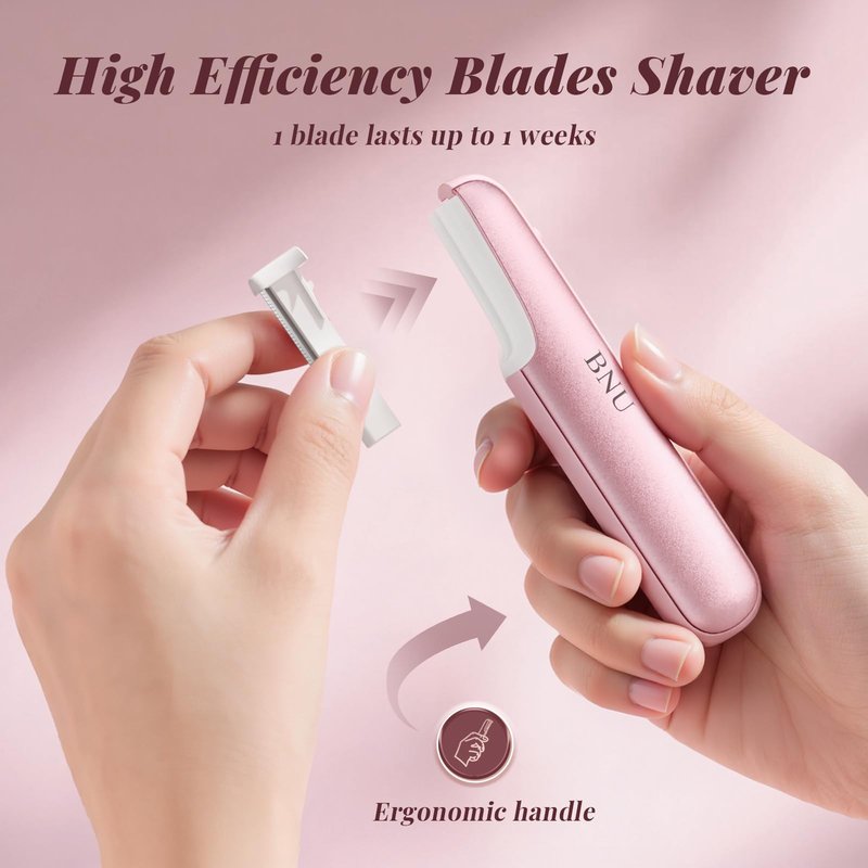 Dermaplane Razor for Women Face, BNU Facial Hair Remover for Anti-Aging, Rechargeable, LED Light, Sonic Edges, 3 Speeds, Ergonomic Handle Face Dermaplaning Tool 10 Blades Pink