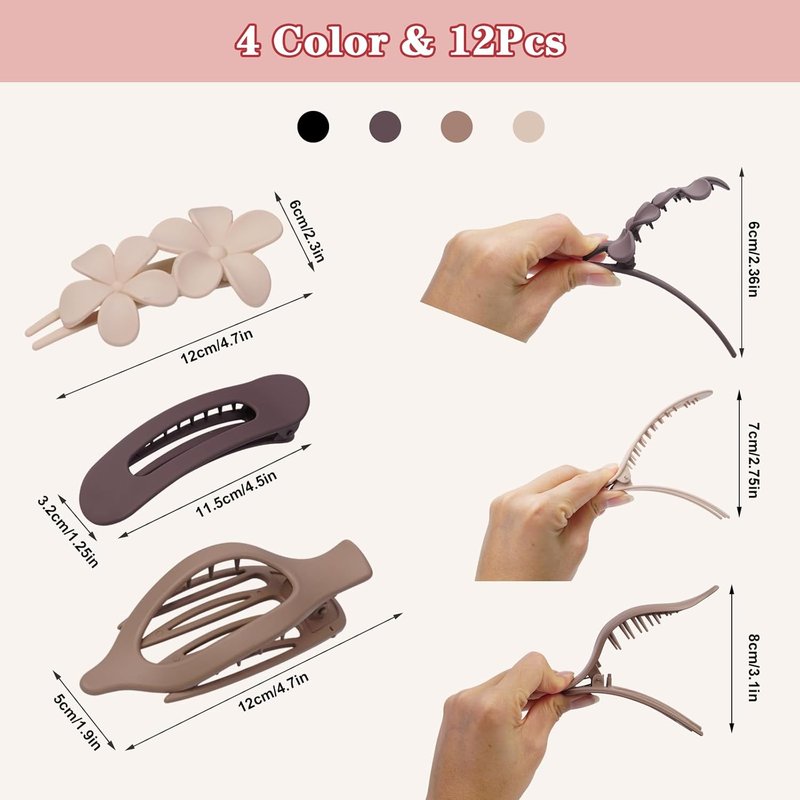 Flat Hair Clips Set - 12 Pack Matte Neutral Claw Clips & Barrettes | Strong Hold for Thick & Thin Hair in Black, Blonde, Brown