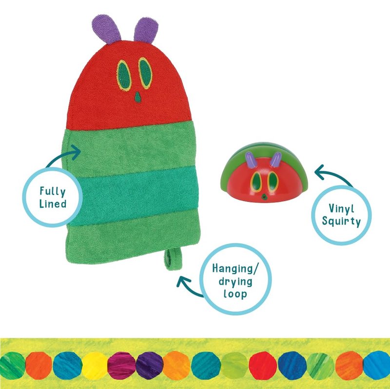 Eric Carle Very Hungry Caterpillar Wash Mitt and Squirt Set and Baby Bath Time Essential – Fully Lined Adult Size Mitt with Loop to Hang Dry