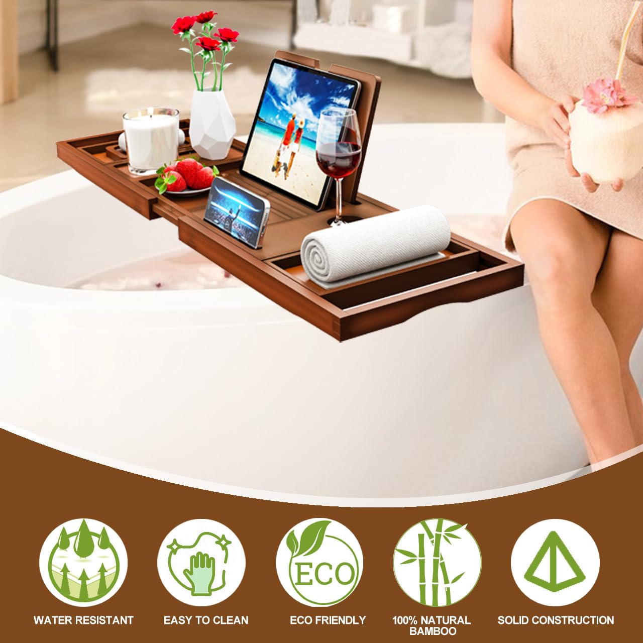 Premium Bathtub Tray Caddy - Bath Table Tray for Bathtub - Bath Tub Tray Table for Bathtub, Expandable Size, Fits Most Bath Tubs