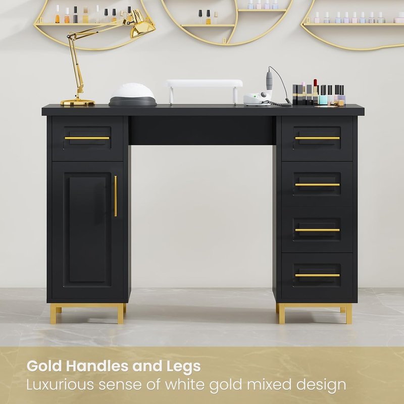 Black and Gold Nail Tech Desk - 43 Inch Manicure Table with 5 Drawers & Storage for Beauty Salons | Wooden Salon Spa Furniture