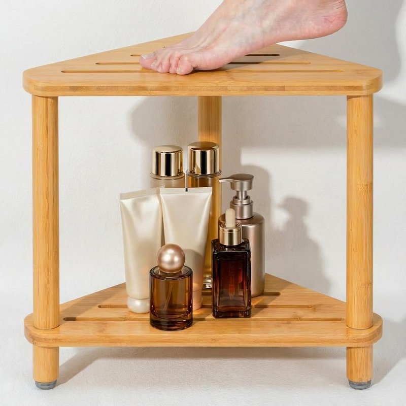 Dozesheep Bamboo Corner Shower Stool for Shaving Legs, Shower Bench for Inside Shower Foot Rest with 2-Tier Waterproof Storage Shelf for Inside Small Shower Spaces Bath Seat