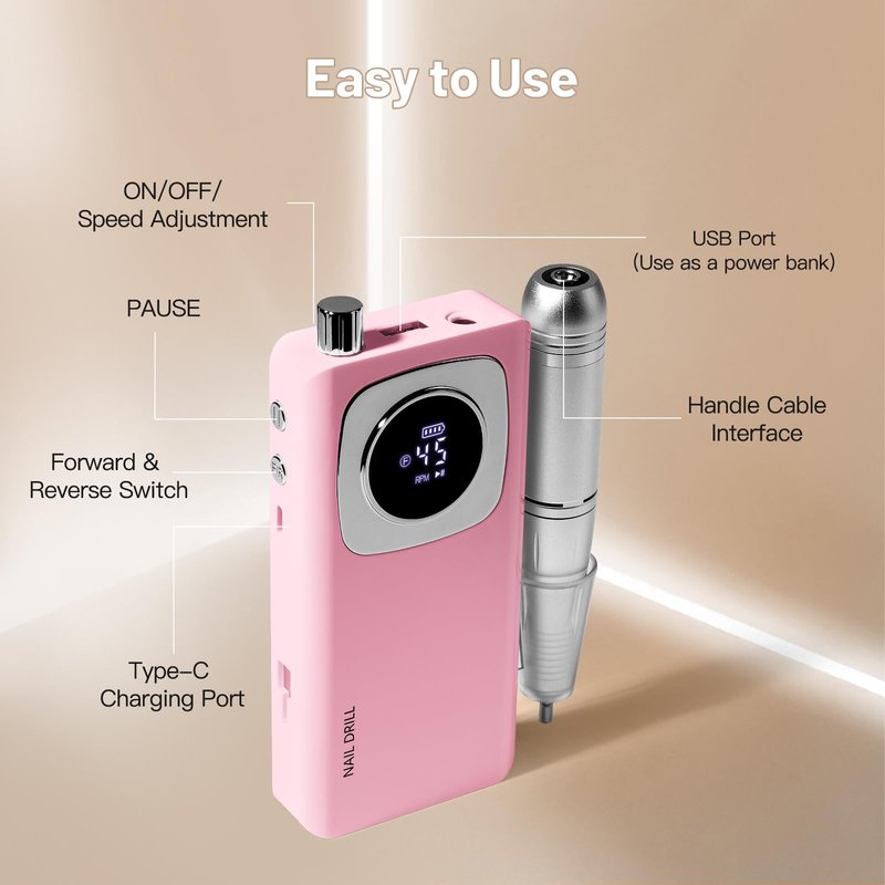 Rechargeable Electric Nail File Professional: Madenia 45000RPM Portable Efile Nail Drill Kit, Cordless E File Nail Drill Machine for Acrylic Gel Nails Salon Home Manicure Use, Pink