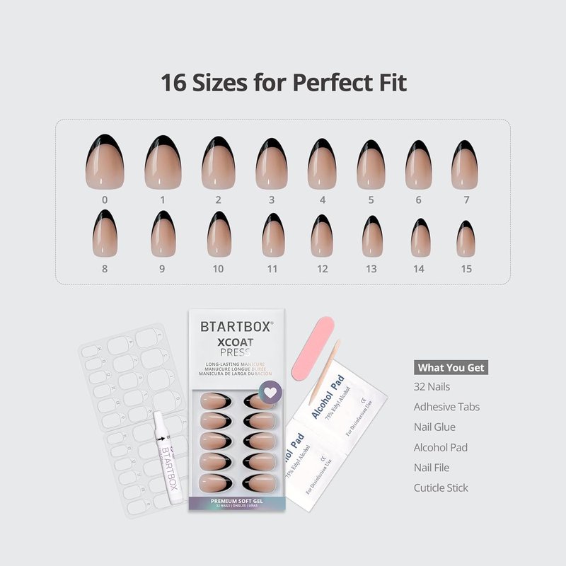 BTArtbox Press On Nails - Short Black French Almond Design | 32 Soft Gel Nails Kit with Glue & Adhesive Tabs