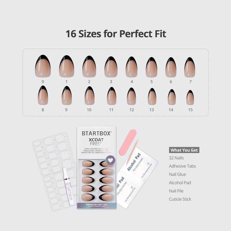 BTArtbox Press On Nails Almond - Espresso Leopard, Lamp-Curable Short French Tip Press On Nails with Glue and Adhesive Tabs for Women, Soft Gel Glue On Nails in 16 Sizes - 32 Stick On Nails Kit