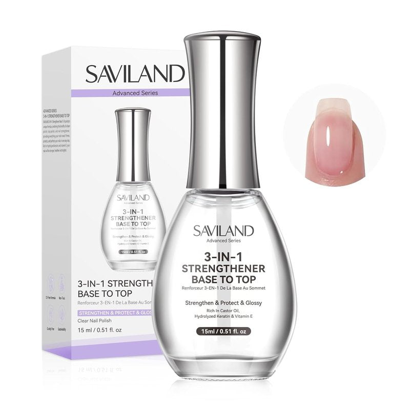 SAVILAND 3-in-1 Nail Strengthener & Top Coat - Quick-Dry Clear Polish for Damaged Nails | 15ml