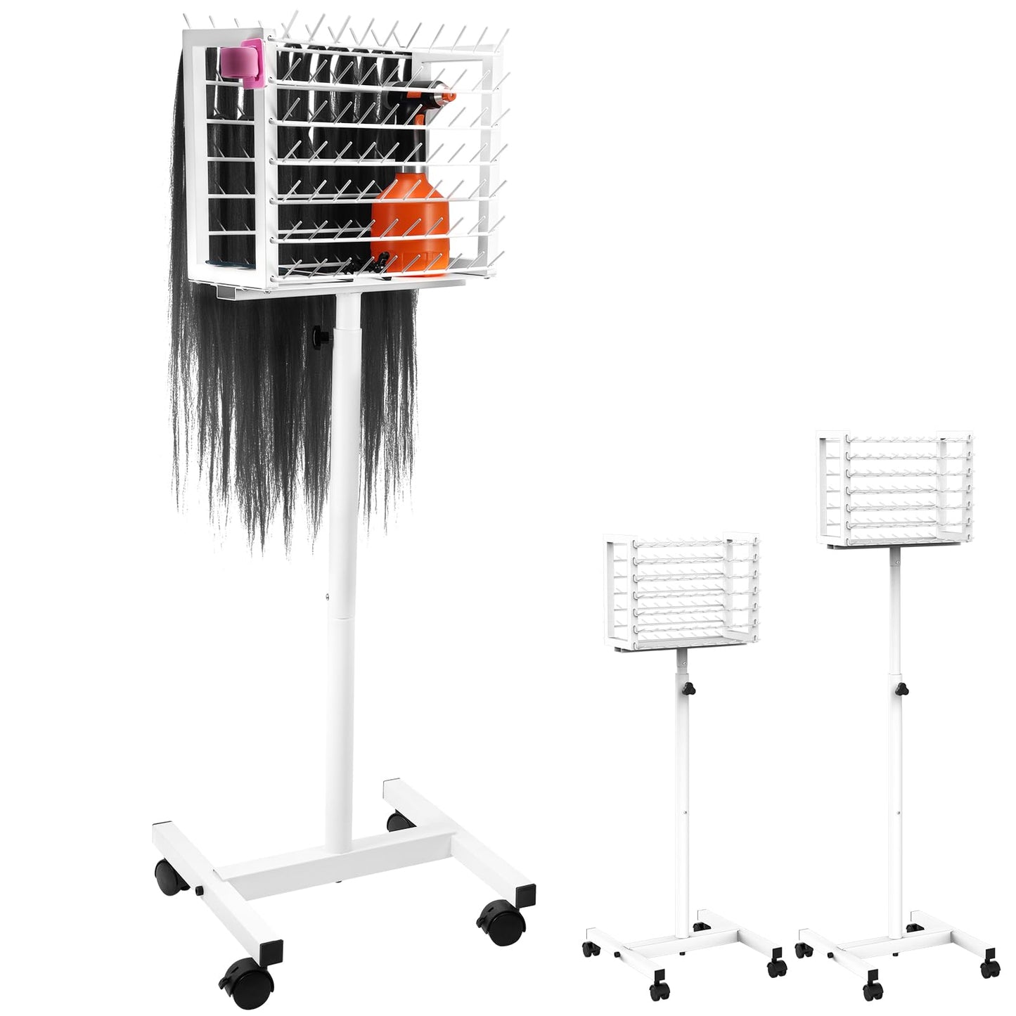 Yumkfoi Steel Braiding Hair Rack, Liftable and Rotating, Double Sided Braid Rack with Wheels and Storage Shelf, White Hair Separator Stand Hair Racks for Braiders Standing, Hairstylists (140 Pegs)