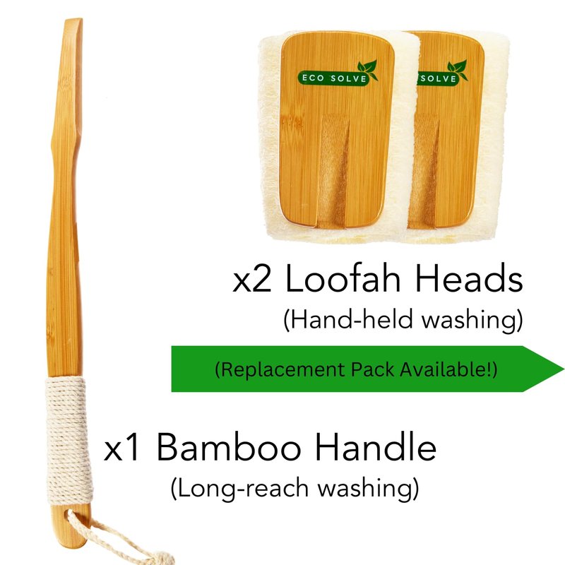 Eco Solve Natural Loofah Scrubber Head Refill (2 Pack), Bamboo Shower Loofah, Exfoliating Sponge