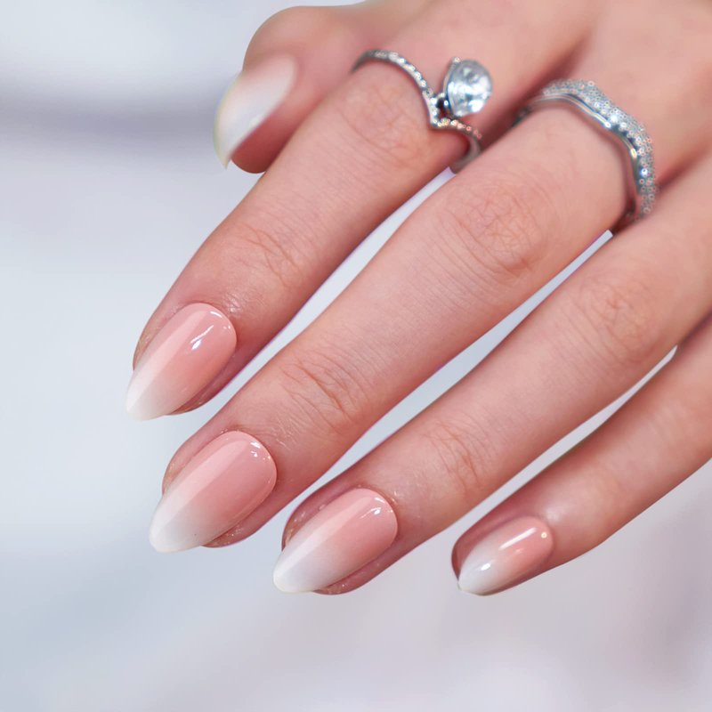 Almond Press On Nails Medium - BTArtbox Soft Gel Ombre Fake Nails with Nail Glue, Semi-Transparent Reusable Glue On Nails in 16 Sizes - 32PCS Stick On Nails Kit, Vanilla Cream Almond