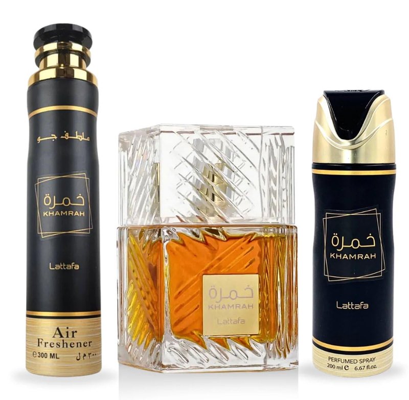 Lattafa Khamrah Unisex Gift Set - EDP, Deo & Air Freshener | 3.4 Fl Oz, 6.67 Fl Oz, 10.14 Fl Oz
