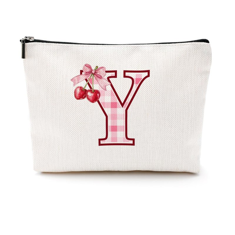 CQM Initial Makeup Bag Monogram Cosmetic Bag Monogrammed Gifts for Women Girls Friends Coworker Teacher Personalized Travel Toiletry Bag Christmas Bridal Shower Wedding Bridesmaid Gifts, Cherry Y