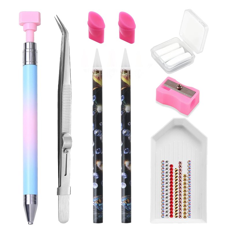ESUOHYM 9 PCS Rhinestone Picker Tool Set, Reusable Rhinestone Wax Pencil for Bedazzling Gem Picker Up Tools Rhinestone Tray Adjustable Tweezers With Silicone Press Heads, Nail Art Tools for Diy Design