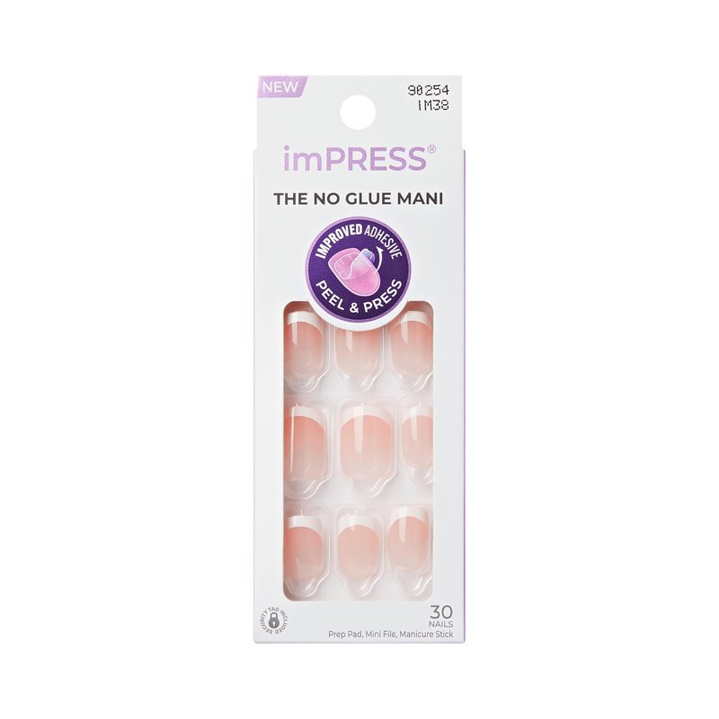 Kiss Impress No Glue Mani Press On Nails, Design, 'Chic French', Pink, Short Size, Squoval Shape, Includes 30 Nails, Prep Pad, Instructions Sheet, 1 Manicure Stick, 1 Mini File