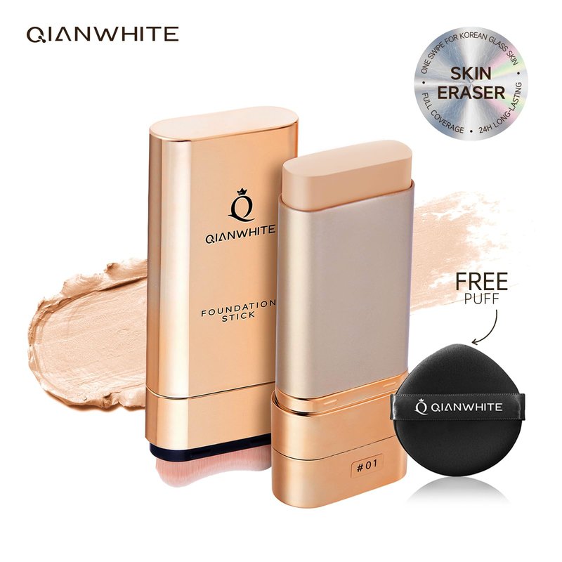 QIANWHITE Foundation Stick Korean Makeup - Foundation for Mature Skin Tint, Buildable Light to Full Coverage Foundation Make Up Concealer, Dual-Ended with Brush - Natural Dewy Finish (IVORY)